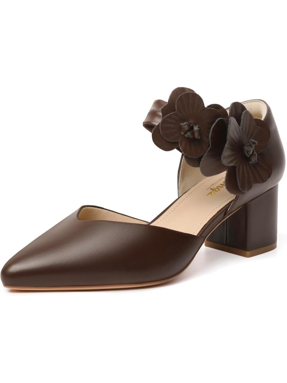 〽️Women's Brown Chunky Kitten Heels Closed Toe Slip On Comfortable Flower Shoes